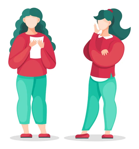 Vector illustratie van twee staande jonge vrouwen, twee vrouwen discussie, vrouwen vector beeld voor web — Stockvector
