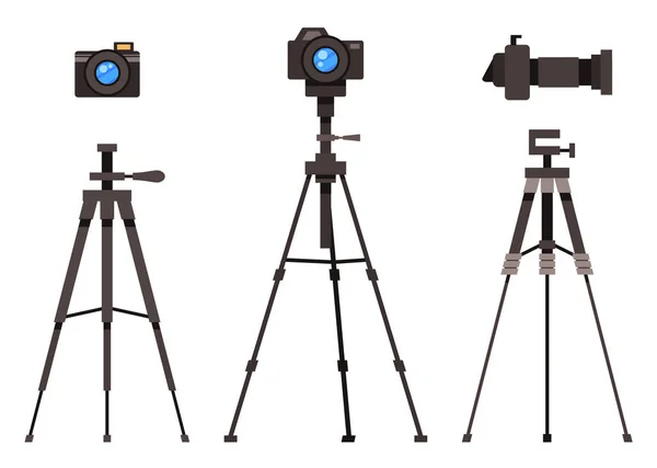 Dgital moderna photocâmera lente removível conjunto plano, equipamentos em tripé, equipamento de estúdio de fotos — Vetor de Stock