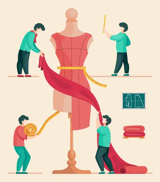 Flache Illustration des Ateliers, Designer, die in der Nähwerkstatt ein Kleid herstellen, Maß nehmen — Stockvektor