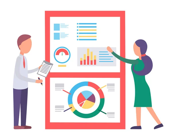 Mann und Frau präsentieren Business Analytics Charts — Stockvektor