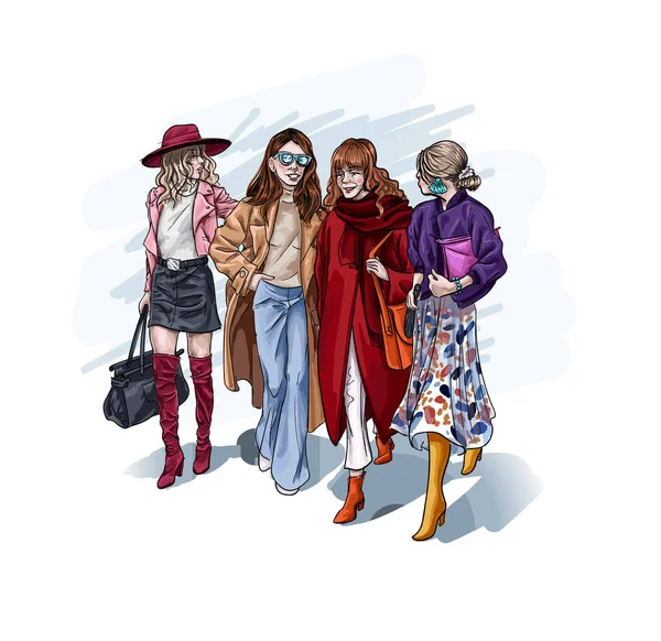 Mujeres de moda, Amigos femeninos de moda caminando — Archivo Imágenes Vectoriales