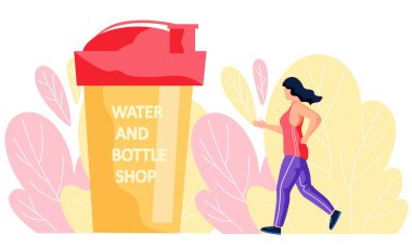Spor kıyafetli bir kız, büyük yaprakların ve plastik bir bardağın arkasında tek başına koşuyor.