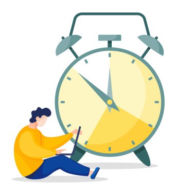 Adam Saatin Önünde Oturur ve Dizüstü Bilgisayarı Dizinde Tutar