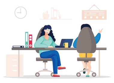 Ofiste yeni bir proje veya girişimi tartışan iki meslektaşın vektör illüstrasyonu, takım çalışması