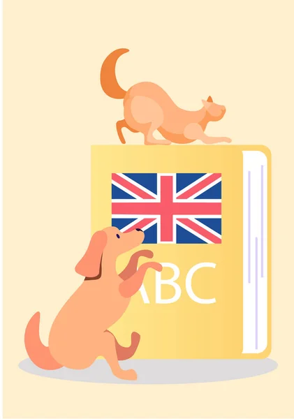 Mignon chat et chien près du livre avec illustration vectorielle de l'alphabet anglais en couleurs pastel — Image vectorielle