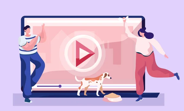 Video kanál pro majitele domácích mazlíčků, lidé v blízkosti obrazovky počítače s příspěvkem o držení psů doma — Stockový vektor