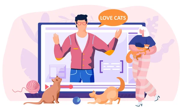 Publicación en redes sociales sobre el amor por los gatos. Gatito en brazos de mujer. Man blogging habla de animales — Vector de stock