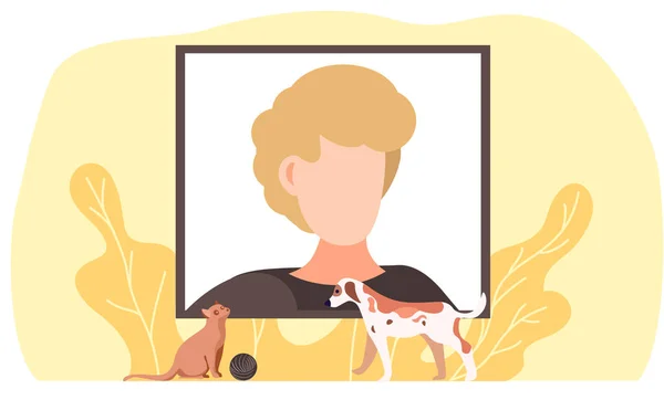 Mascotas que viendo vídeo, gato marrón y un perro manchado triste delante de una pantalla con un hombre — Archivo Imágenes Vectoriales