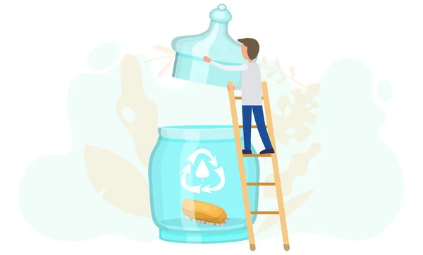 A man opens a glass jar with a recycling logo and a wooden brush inside, Environment and ecology — Stock Vector
