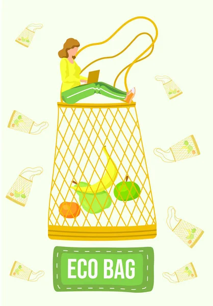 Eco friendly shopping bag. Fruit pouch. Environmentally friendly products. Girl working on laptop — Stock Vector