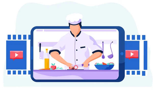 Кулинарный блог. Онлайн кулинарный урок. Создание салата рецепт онлайн видео. Шеф-повар на голубой табличке — стоковый вектор