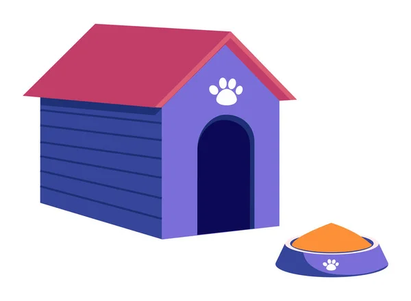 Doghouse with Paw Print and Bowl with Canine Food — Stock Vector