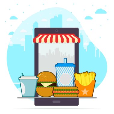 Fast food dağıtım mobil uygulama kavramı. Vektör İllüstratörü 
