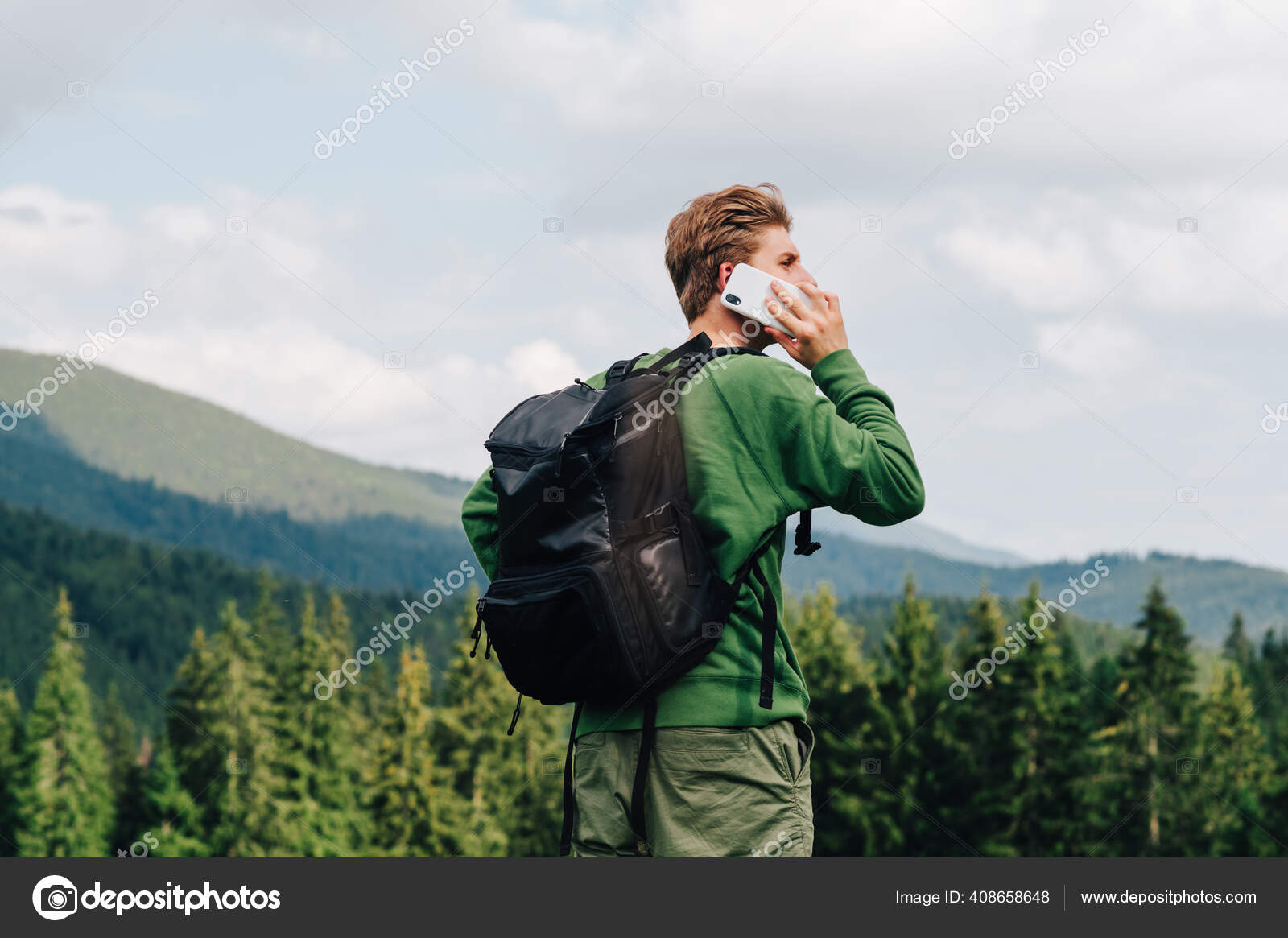 Guy Casual Clothes Stands Top Mountain Hike Calls Phone Carries