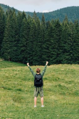Büyük bir sırt çantalı genç adam dağa tırmandı ve sevinçle ellerini kaldırdı. Kollarını kaldırmış neşeli turist kozalaklı ağaçların arka planındaki bir çayırda dikiliyor..