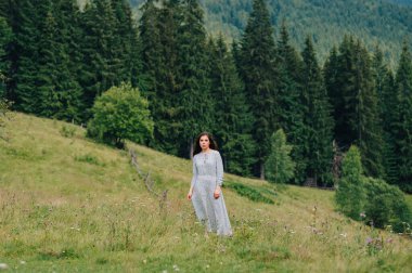 Mavi uzun elbiseli çekici bir kızın portresi, kozalaklı ağaçların arka planında bir dağ çayırında duruyor ve kameraya poz veriyor. Kadın dağda duruyor ve kameraya bakıyor.