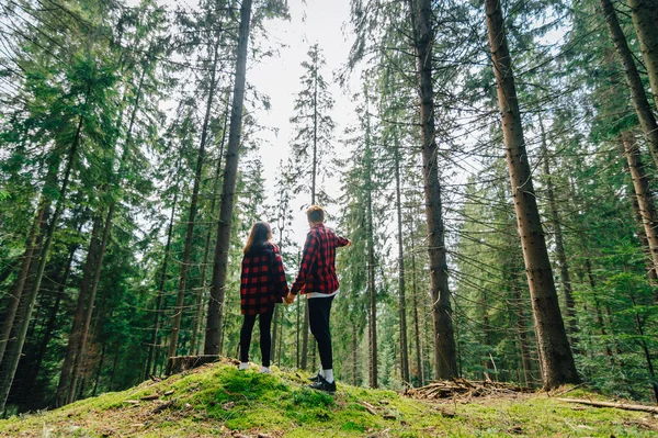 Beautiful couple in a red shirt standing holding hands in a beautiful forest on the moss and looking at the beautiful natural landscape. Couple in love walking in the woods