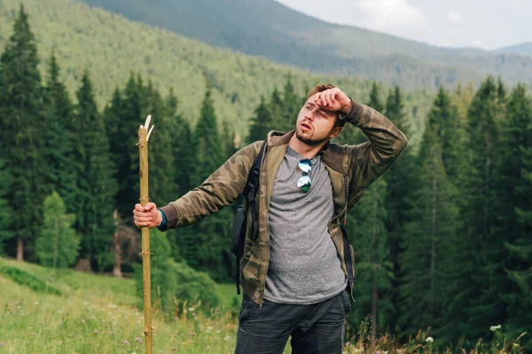 Yürüyüşe çıkmış yorgun susamış bir adam elinde bir sopayla dağlarda duruyor, kafasını çeviriyor ve terini eliyle siliyor. Dağlarda yorgun bir turistin portresi