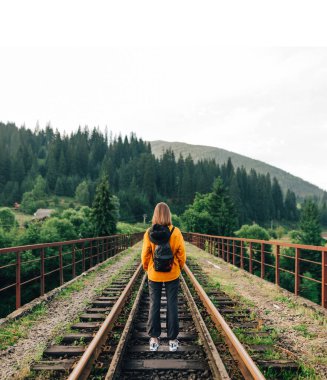 Arkadan bakıldığında, Vorokhta, Karpatlar, Ukrayna 'da bir kadın demiryolu hattında duruyor ve güzel bir dağ manzarasına bakıyor. Dikey.