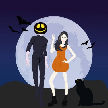 Cadılar Bayramı vektör çizimi. Balkabağı kafalı korkunç bir adam ve balkabağı elbiseli bir kadın. Kara kedi ve yarasa. Cadılar Bayramı geçmişi.