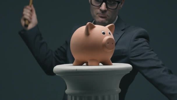 Confident Businessman Breaking Piggy Bank Hammer Pile Coins Deposit Funds — Stock Video