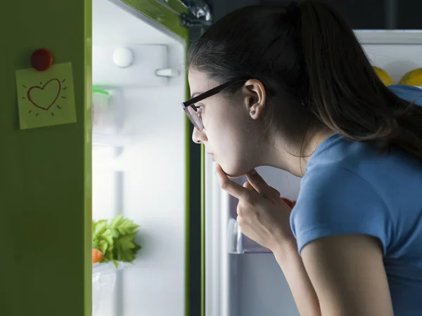 Young Woman Preparing Meal Searching Food Fridge She Thinking Hand — Stock Photo, Image