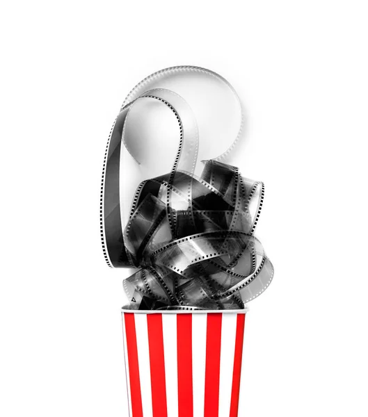 Filmstreifen Einer Popcorngestreiften Box Auf Blauem Hintergrund Kino Und Unterhaltungskonzept — Stockfoto
