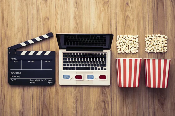 Laptop Clapper Board Popcorn Glasses Cinema Streaming Movie Series Online — Stock Photo, Image