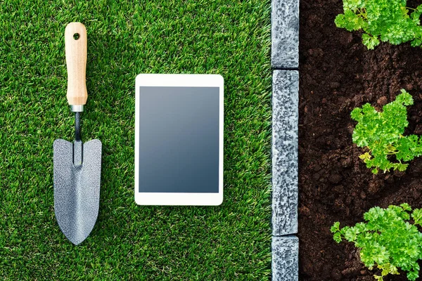 Tablet Digitale Attrezzi Giardinaggio Sull Erba App Agricoltura Concetto Tecnologico — Foto Stock