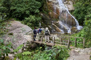 Bir grup turist İnka Patikası boyunca korku içinde duruyor. Keşif sayesinde, Machu Picchu 'ya doğru efsanevi yolculuklarında bir anlık şaşkınlık yaşadılar..