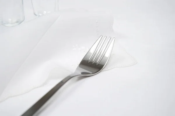 Silver Fork Linin Luxury White Tablecloth Food Dinner Glass Background — Stock Photo, Image