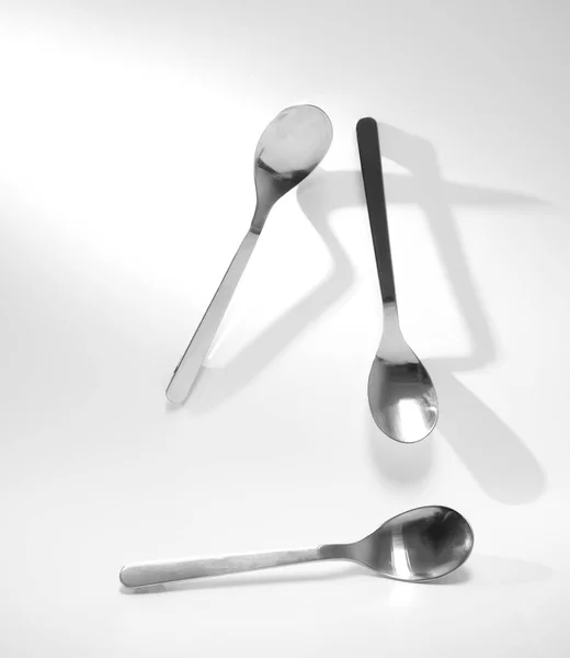 Three Metal Silver Teaspoon Eating Strong Black Shadow White Background — Stock Photo, Image