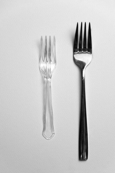 plastic and metal silver fork for food or environmental recycle 