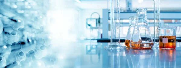 Copo Frasco Laboratório Universitário Ciências Com Estrutura Química Azul Banner — Fotografia de Stock