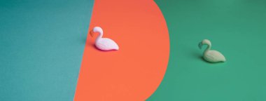 Renkli kağıt üzerinde kuşun pembe yeşil plastik modeli modern tasarım afişi arka plan
