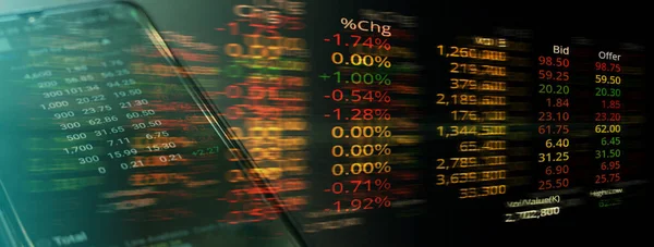 スマートフォンや金融ナンバーインデックス取引ボードのビジネスバナーの背景にある株式市場の分析 — ストック写真