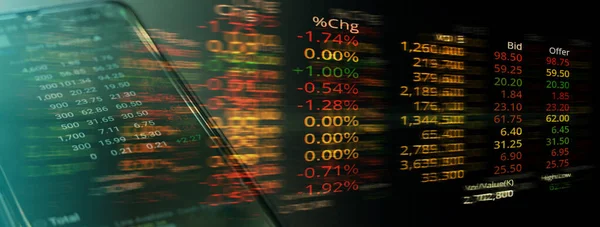 Yatırımcı akıllı telefon ve finansal sayı endeksi ticaret kurulu panosu arka planında borsayı analiz ediyor