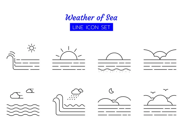 line icon symbol set, weather of sea concept, view landscape, daytime, sun, night, moon, rain, cloud, forecast, sky, Isolated flat outline vector design