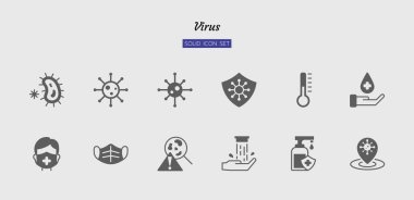 Somut simge seti, virüs konsepti, hastalık, enfeksiyon, koruma, sağlık, izole düz siluet vektör tasarımı