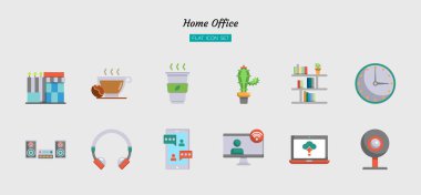 renk düz simge seti, ev ofis konsepti, çalışma alanı, yaşam alanı, izole vektör tasarımı