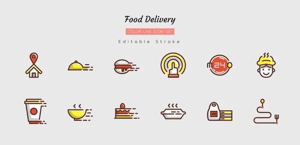 Gefüllt Farbe Linie Symbol Symbol Set Essenslieferung Konzept Fast Service — Stockvektor
