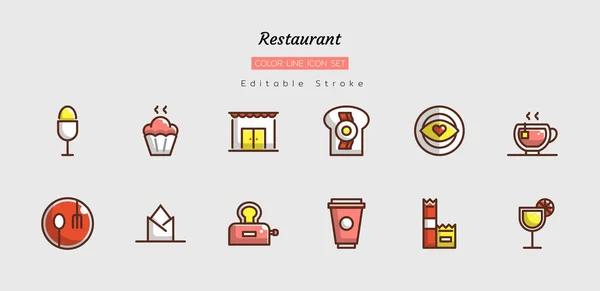 Gefüllt Farbe Linie Symbol Symbol Set Restaurant Konzept Essen Trinken — Stockvektor