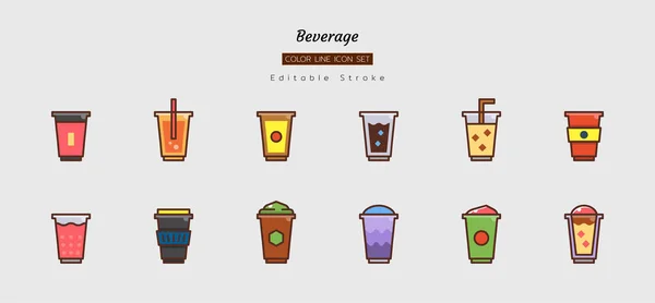 doldurulmuş renk çizgisi simgesi seti, içecek içeceği, kafe, fincan, kahve, çay, izole düz vektör tasarımı, düzenlenebilir felç