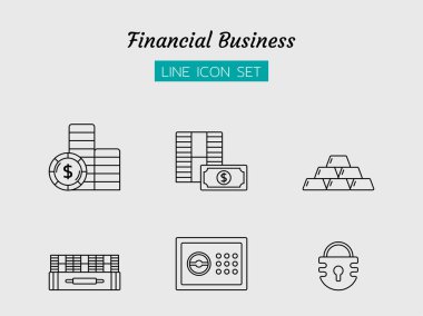 çizgi simgesi seti, finansal iş konsepti, güvenli, altın, kilit, çanta, nakit, para, izole düz ana hat vektör tasarımı 