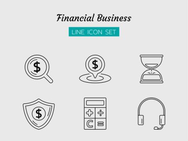 çizgi simgesi seti, finansal iş konsepti, güvenli, zaman, konum, arama, kum saati, temas, izole düz ana hatlı vektör tasarımı 
