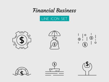 çizgi simge seti, finansal iş stratejisi konsepti, dişli, tasarruf, maliyet, batık, izole düz çizgili vektör tasarımı 