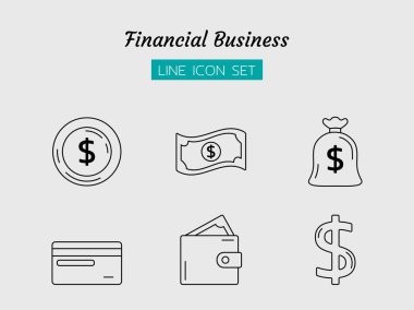 çizgi simge seti, finansal iş konsepti, para çantası, dolar, bozuk para, kredi kartı, cüzdan, $, izole edilmiş düz çizgili vektör tasarımı 