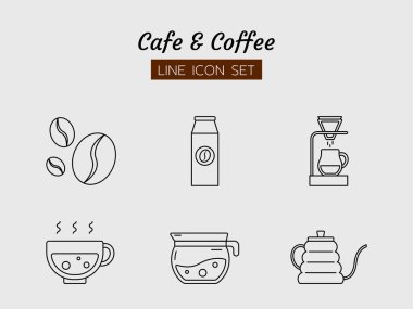 çizgi simge seti, fasulye kahvesi kahve damlası kahve, içecek içeceği, izole düz ana hatlı vektör tasarımı. 