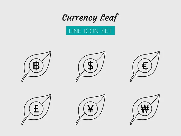 çizgi simge seti, iş para birimi yaprağı konsepti, baht, Yen, Won, pound, Euro, dolar, izole edilmiş düz ana hatlı vektör tasarımı 