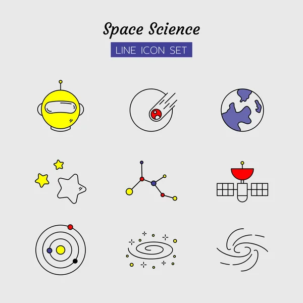 çizgi simgesi seti, uzay bilimi konsepti, gezegen, dünya, kornet, astronot, yıldız, takımyıldız, uydu, yörünge, galaksi, izole edilmiş düz çizgili vektör tasarımı